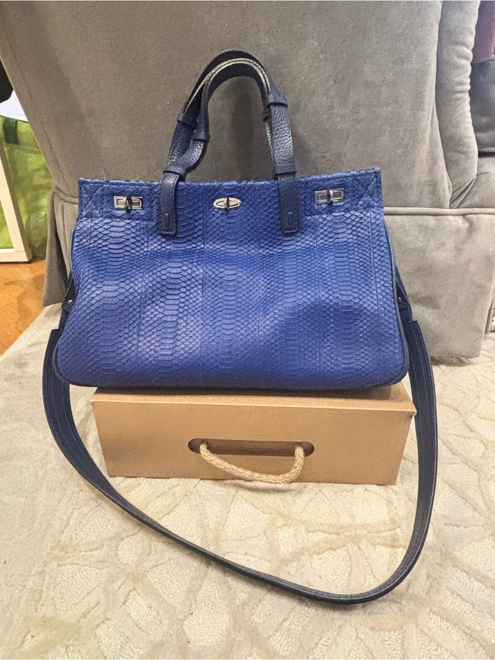 Designer snakeskin Blue Satchel Handbag